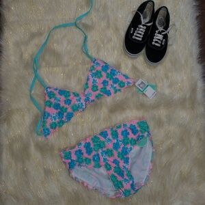 Kids Copper Key Pink Blue Green Floral Ruffle Bikini Swimsuit Size 16